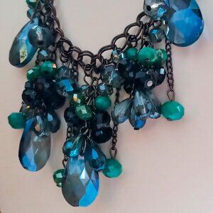 Stunning Gun Metal Chain Statement Necklace w/Blue & Aqua Sparkly Crystal Beads